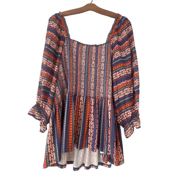 Les Serein Bourges Smocked Knit Top Womens 1X Indigo Rayon Blend Boho Hippie NEW - Picture 3 of 11